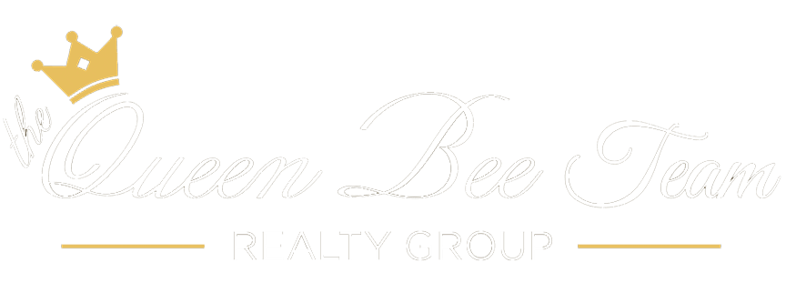 The Queen Bee Team Realty Group logo with a gold crown, elegant script font, and gold and gray accents