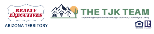 Realtor logos for Realty Executives, Arizona Territory, and The TJK Team, real estate branding images showing home and land sales in Arizona.