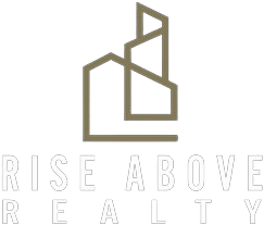 Logo of Rise Above Realty featuring a stylized geometric house outline with the company name in bold white text and a black background