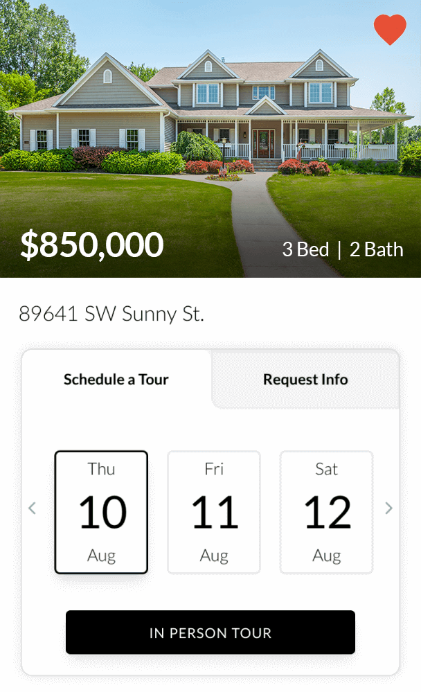 Beautiful suburban house for sale with a large front yard, three bedrooms, two bathrooms, and an asking price of $850,000 located at 89641 SW Sunny St. Available for in-person tours on August 10-12.