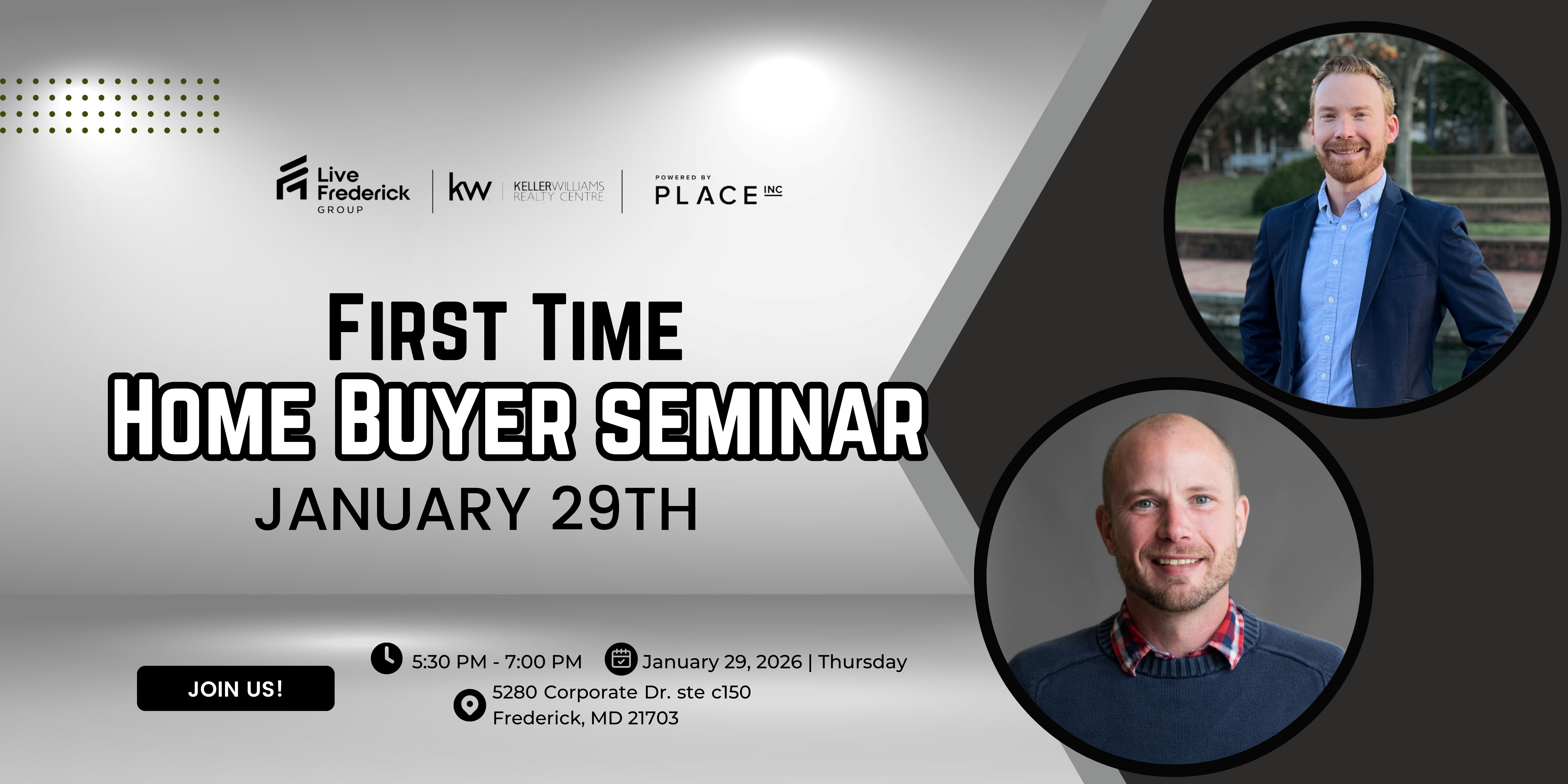 Seminar flyer for first-time home buyers event on January 29th; includes photos of two male speakers, event details, date, time, location, and registration button.